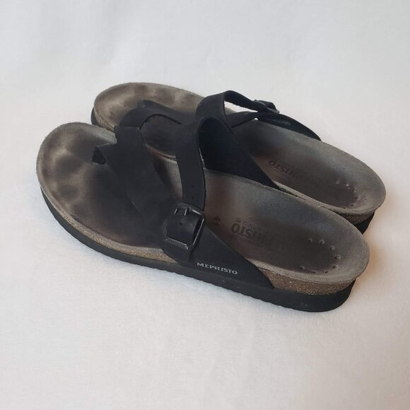 MEPHISTO Helen Sandal 41 Nubuck Leather Strap Black Gray Cork Sole Thong - Picture 6 of 10